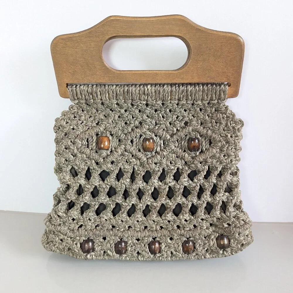 Vintage Taupe Macrame Bag Double Wooden Handle Upcycled Jewelry Charms Shells